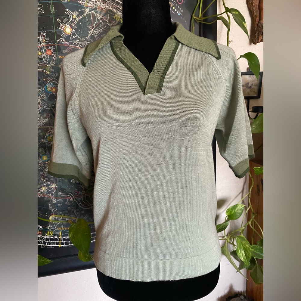 VTG Kings Road Shop Multi Green Knit Acrylic Collared Shirt. 70’s. Small. Unisex